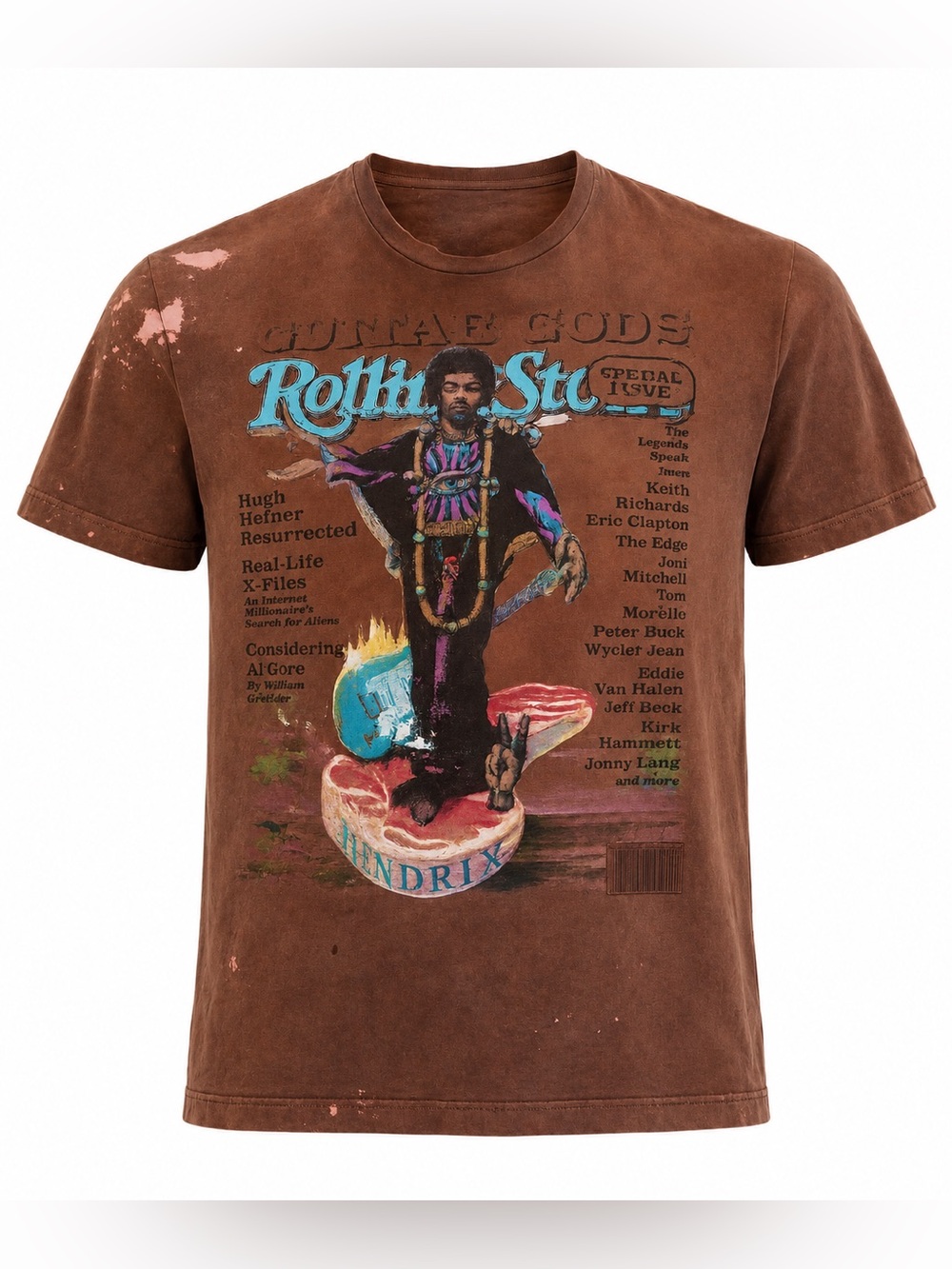 Jimi Hendrix Guitar Gods Rolling Stone Graphic Tee Brown Bleach Dyed Distressed